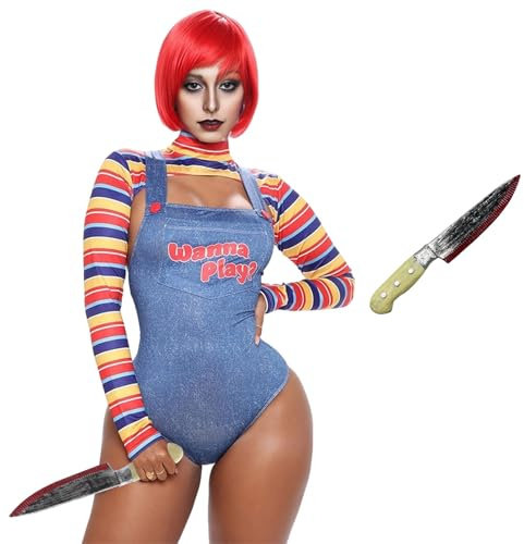 HarnyLoom Chucky Kostüm Damen, Chucky Outfit Oberteile Overall für Mädchen Puppe Killer Kostüm für Halloween Karneval Party (M)