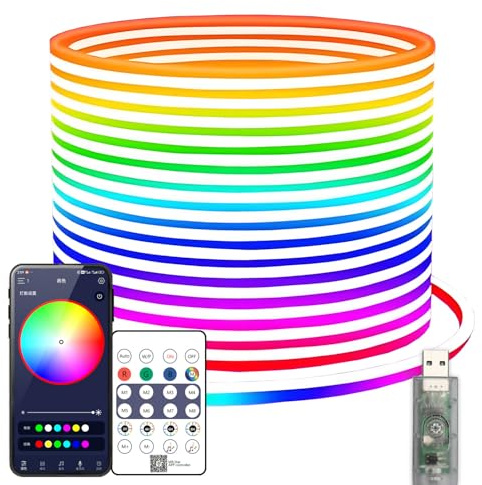 YMY 5V USB RGBIC Neon Strip Light, IP67 Waterproof RGB LED Decor Light, DIY Dynamic Rope Light Strip with APP/Remote Control Dual Control for Indoor Outdoor Decoration (2M RGBIC 360° Neon Strip)