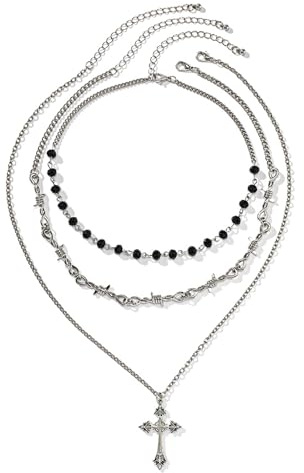 Flongo Gothic Cross Necklace for Women: Barbed Wire and Crystal Beads - Layered Chain Set - Stainless Steel Choker with Glass Beads - Adjustable Length - Black Silver Gothic Halloween Accessory