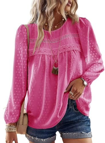 TUUHAW Camiseta Manga Larga Mujer Boho Top con Cuello Redondo Bordado Encaje