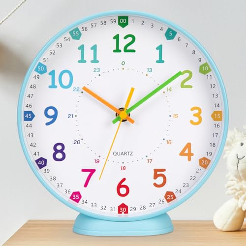 VIVILINEN Lernuhr Kinder Wanduhr Kinderzimmer Lautlos 20cm ohne Ticken | Wanduhr ohne Tickgeräusche mit Minutenanzeige für Schulanfänger, Jungen und Mädchen, Einschulung Geschenk, Blau