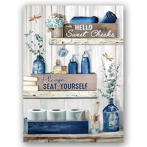 DWUENT Bathroom Wall Art, wall art for bathroom, wall canvas, Blue Bathroom Sign Canvas Art, Rustic Toilet Decor with Dragonfly Flower Design, 12x16 in / 30x40 cm