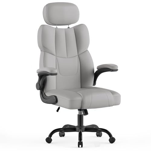 naspaluro Executive Office Chair, High Back Desk Chair with Adjustable Headrest, PU Leather Ergonomic Computer Chair with Foldable Armrests for Home and Office (Light Grey)