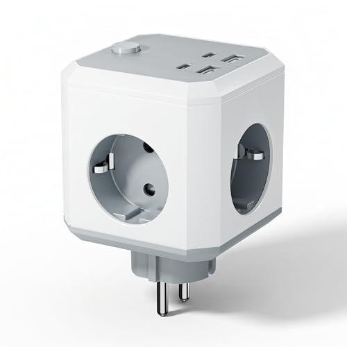 Ladrón de Enchufes USB 8 en 1, Cubo Enchufe con 4 Tomas AC, 2 USB y 2 USB-C (PD 17W), 4000W con Interruptor, Enchufe Múltiple de Pared, Cubo de Enchufes para Hogar, Oficina y Viajes