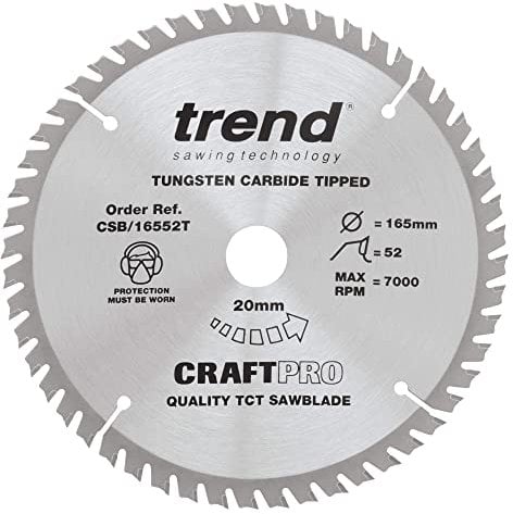 Trend Holz Akku-Kreissägeblatt, 165mm Durchmesser, 20mm Bohrung, 52 Zähne, HW, 1,6mm Schnittbreite, +15° Haken, CSB/16552T