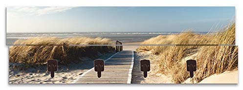 ARTLAND Wandgarderobe Garderobenpaneel Holz mit 4 Haken 90x30 cm Design Garderobe mit Motiv Shabby Chic Strand Meer Dünen Nordsee T5RM