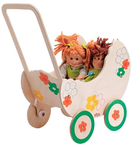 Dida - Carrito para Muñecas Flor: Cochecito de Madera para Muñecas Pequeñas hasta 35 cm, Juegos de rol de Niños de 2 a 4 Años, Ideal para Pequeñas Mamás y Papás