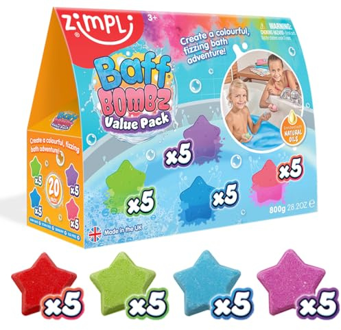 Zimpli Kids 20 x Star Baff Bombz, Erstellen Sie ein buntes sprudelndes Badeabenteuer, Badebomben-Herstellungs-Kit für Kinder, Value Bundle Fizzing Bath Bombs, Geburtstagsgeschenke für Jungen & Mädchen