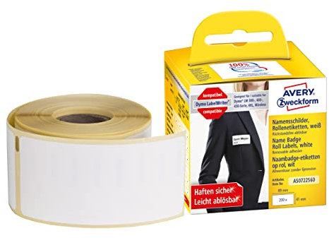 AVERY Zweckform AS0722560 Dymo LabelWriter Namensetiketten kompatibel zu S0722560 (41x89mm, 1 Rolle|200 Namensaufkleber, selbstklebend, für LW Dymo Etikettendrucker/Beschriftungsgerät/Etikettenband)