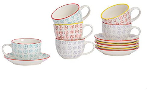 Nicola Spring Patterned Porcelain Cappuccino Cups and Saucers - 3 Swirl Designs - 250ml - Set of 6