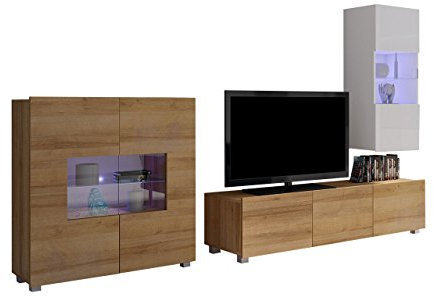 Moderne Wohnwand Calabrini VII mit Kommode, Anbauwand, Mediawand, TV Lowboard, Hängevitrine, Wohnzimmerschrank, Fernsehschrank (mit Blauer LED Beleuchtung, Eiche Gold/Weiß + Weiß Hochglanz)