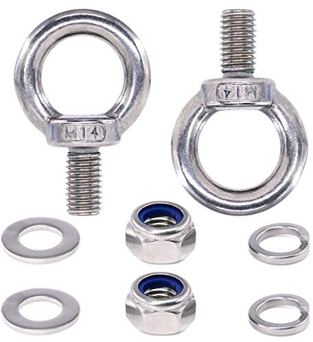 8Pcs 304 Stainless Steel M14 Male Thread Lifting Ring Eye Bolt Kit, Including 2Pcs M14 Eye Bolt with 2Pcs Lock Nuts, 2Pcs Lock Washers and 2Pcs Flat Washers