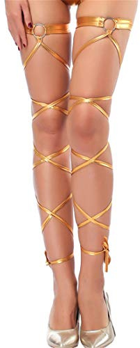 SKEPO Leg Wraps with O Ring Non-Slip Garter Set with Ribbons for Raves, Dancing, Music Festivals(Gold)