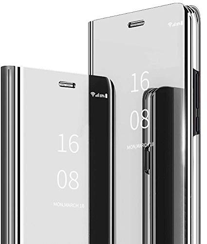 MadBee Galaxy A70 Hülle[mit HD-Schutzfolie], Spiegel Ledertasche Handyhülle Clear Cool Männer Mädchen Flip Ständer Etui Case Slim Schutzhüllen für Samsung Galaxy A70 (Silber)
