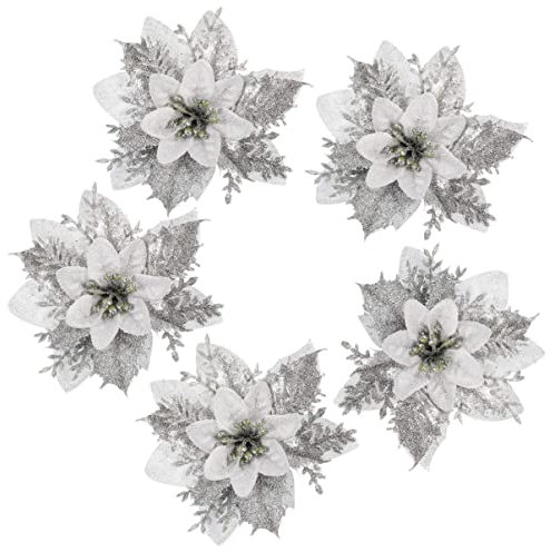 NUOBESTY 24pcs Künstliche Poinsettia Baumschmuck Weihnachtsstern 12cm Sliber Weihnachtsbaum Blumen Streudeko Christbaumanhänger Weihnachtsbaumschmuck Hochzeit Festival Weihnachtsdekoration