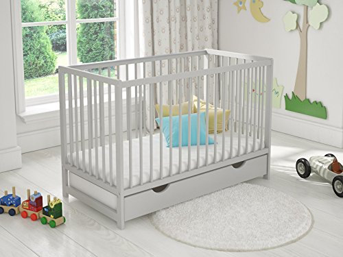 Love For Sleep Babybett Gitterbett mit Schublade 120 x 60 cm + Schaumstoffmatratze + Sicherheitsbarriere aus Holz + Schutzmantel