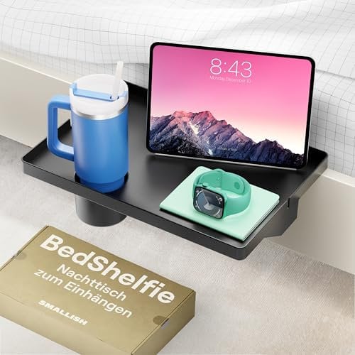 Bedshelfie Nachttisch für Etagenbett und Boxspringbett, Bettablage für WG-Zimmer, Betttablett schwebend, Bettablage zum Einhängen – mit Getränkehalter, Schwarz