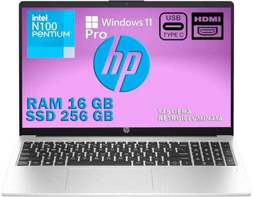 HP 250 G10 Notebook portatile, Ram 16GB, SSD 256Gb, Display FullHD 15.6, Cpu Intel N100 4Core fino a 3,4 GHz, tastiera retroilluminata, Win 11 Pro, Garanzia Italiana, pronto All'uso, Italia