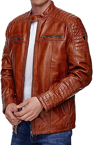 Tazzio Herren Jacke Lederjacke Echtleder Leder Biker Übergangsjacke 19709 (Cognac, L)