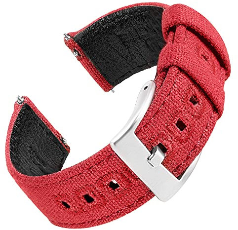 EACHE Uhrenarmband 22mm, Segeltuch und Leder Hybrid Uhrenarmbänder für Herren, Armband für Uhr mit Schnellverschluss (Rot-Silber Schnalle)