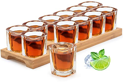 Lot de 12 verres à liqueur, support à cocktail en bois et verre à shot, planche de service à 12 trous avec verre en cristal transparent, 60 ml pour liqueur, whisky, brandy, rhum à la maison, fête