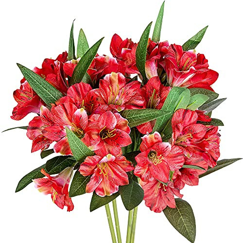 Grand Verde Amaryllis Kunstblumen, 45.7 cm hoch, Seidenblätter, Blumenstrauß, künstliche grüne Blätter, Hochzeit, Party, Dekoration, Innenbereich, Basteln, Heimdekoration, 4 Stück (rot)