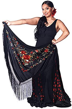 Mantón pico flamenco con flecos. Bordado a una cara rojo-dorado. Grande 190X90cm