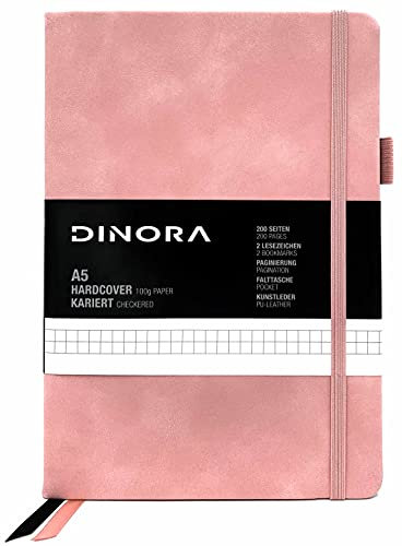 Dinora® Notizbuch A5 Hardcover - Kariert - PU Leder - 200 nummerierte Seiten - 100g Avery Papier - Rosa - Pink
