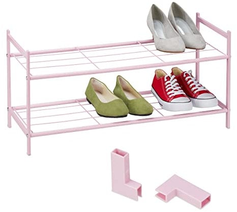 Relaxdays Schuhregal, 6 Paar Schuhe, 2 Ebenen, offen, erweiterbar, HxBxT: 34,5 x 70 x 26 cm, Metall, Schuhablage, rosa