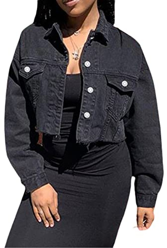 Xeadoffubio Women's Denim Short Jacket, Solid Color Long Sleeve Jacket Lapel Jacket, Button Hem, Distressed Hem Cropped Jeans Jacket