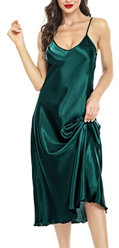 Lovasy Satin Nightdress for Women UK Long Negligees Strap Chemise Silk Nighties for Women V Neck Full Slips Sleepwear Nightwear,Dark Green,L