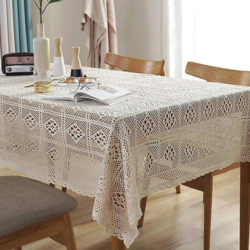 BMIDRUT Vintage Häkeldeckchen Tischdecke Beige Baumwolle Häkeln Rechteckige Tischdecken Spitze Deckchen Tischdecken Tischdecke Hochzeit Zuhause Party Dekor (140 x 160 cm)
