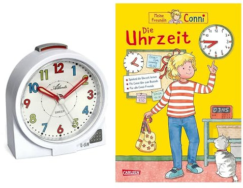Atlanta Kinderwecker Mädchen ohne Ticken + Kinderbuch Conni Die Uhrzeit (Weiß)
