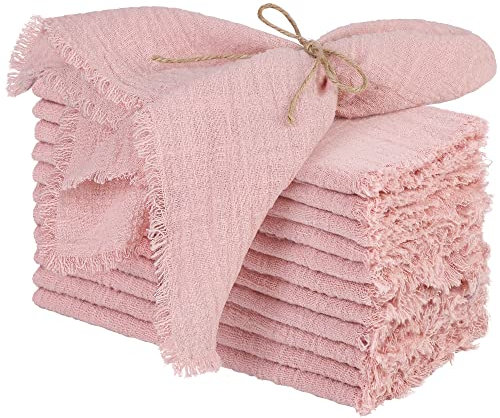 TURSTIN Lot de 12 serviettes en coton et lin faites à la main avec franges - 43,2 x 43,2 cm - Serviettes de table carrées rustiques pour dîners, fêtes, mariages - Rose poudré