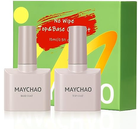 MAYCHAO 2Pcs 15ml No Wipe Gel Top Coat and Base Coat Set, Clear Base and No Wipe Shiny Top Coat Gel Nail Polish UV LED Nail Lamp Need Nail Art Design Manicure Gifts for Women