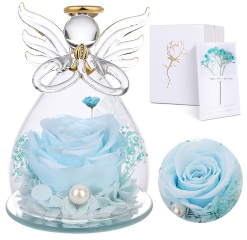 Regali per la Festa Della Mamma per le Donne, Mamma e Nonna, Rosa Eterna con Angelo di Vetro,Rosa Stabilizzata Vera Regalo Mamma, Statuette Angeli in Vetro con Fiori Eterni, Angeli Custodi per Lei