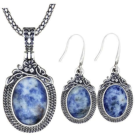 QCJQSH Bergkristall Kette,Natürliche Sodalith-Kristall-Halskette Und Ohrringe-Set Antikes Silber Ovaler Stein-Anhänger Halskette Chakren Edelstein Heilkristall Schmuckset Für Frauen Geschenk