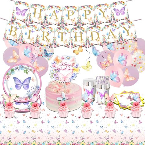 Schmetterling Partygeschirr Set, 111 Pcs Schmetterling Geburtstag Deko, Schmetterlings Pappteller pappbecher, Kinder Mädchen Decorations Servietten und Tischdecke Luftballons für 16 Gäste