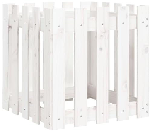 vidaXL Pflanzkübel, Blumenkübel mit Lattenzaun-Design, Pflanzkasten Übertopf für Garten Terrasse, Blumentopf Blumenkasten, Weiß 50x50x50 cm Kiefernholz