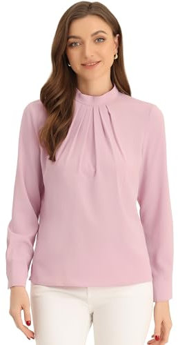 Allegra K Donna Camicetta in Chiffon per Camicia Colletto alla Coreana da Lavoro Casual A Maniche Lungh Rosa L
