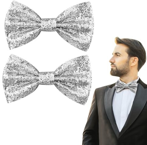 EUPSIIU 2 Stück Glitzer Fliege, Glitzernde Vorgebundene Fliege, Fliege mit Pailletten, Pailletten Fliege für Damen und Herren für Männer Junggesellenabschied Party Karneval Weihnachten (Silber)