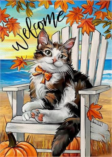 Covido Welcome Fall Katze Strandkorb Dekorative Gartenflagge Herbst Haustier Küste Ahornblätter Kürbis Hof Außendekorationen Thanksgiving Nautisch Outdoor Kleine Heimdekoration Doppelseitig 30,5 x