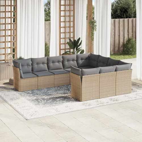ULUYYUC 10-TLG. Garten-Sofagarnitur, Eckbankgruppe Gartenmöbel Set Schlafsessel Mit Bettfunktion Fußhocker Geeignet für Garten Außenbereich Balkon Hinterhof mit Kissen Beige Poly Rattan