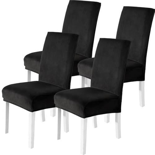 CYCMACO Stuhlhussen Samt 4er Set, Stretch Stuhlüberzieher, Stuhlbezug Schwingstuhl, Hussen Für Stühle Hochlehner, Stuhlbezüge Kratzfest, Universal Chair Cover Waschbarer, Schwarz