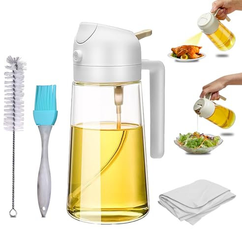 Augeno Weißer 500 ml 2-in-1 Ölspender und Ölsprüher für Speiseöl Set mit Silikon-Ölbürste, Reinigungsbürste & Reinigungstuch | Ölsprühflasche zum Kochen, Salat, Grillen und Backen in der Küche
