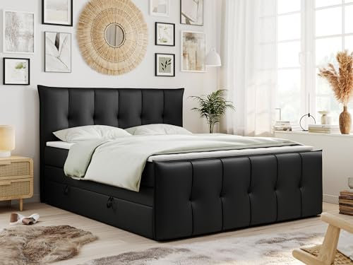 MKS MEBLE King Boxspringbett 180x200, Boxspringbett 180x200 mit Bettkasten und Matratze H3, Polsterbett 180x200 mit Matratze, Bett 180x200 mit Bettkasten - PREMIUM-11-KING- Schwarz Kunstleder - H3