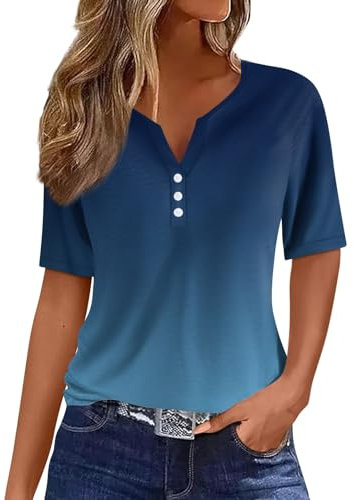 Damen Mit Print Sommer Tshirt Lässiges Farbblock-/Farbverlaufs-Knopf-T-Shirt, Lockere, Bequeme Kurzarm-Tops mit V-Ausschnitt T Shirt Damen V Ausschnitt Baumwolle Tshirts XL