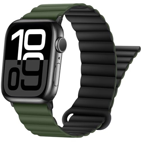 HITZEE Compatible con Correa Apple Watch 49/46/45/44/42/41/40/38mm, Correa Magnética Silicona Usable Doble Cara Compatible para iWatch Ultra 2 Serie 10 9 8 7 SE 6 5 4 (38/40/41/42mm, Verde Negro)