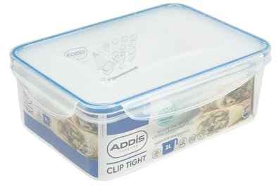 Addis Clip Tight Lunchbox Food Storage Container 2 Litre Rectangle Airtight Silicone Seal Containers Bpa Free Easy Locking Lid Clips, Clear Transparent