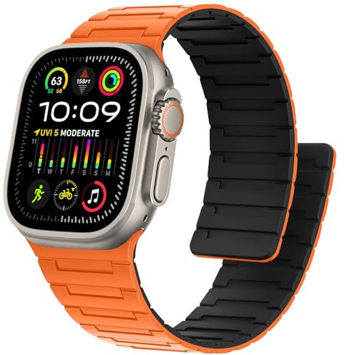 Bisikor Compatibile con Cinturino Apple Watch 49mm 46mm 45mm 44mm 42mm Cinturino Magnetico in Silicone Sportivo per iWatch Ultra2 SE Serie 10 9 8 7 6 5 4 3 2 1 (Arancione/Nero)